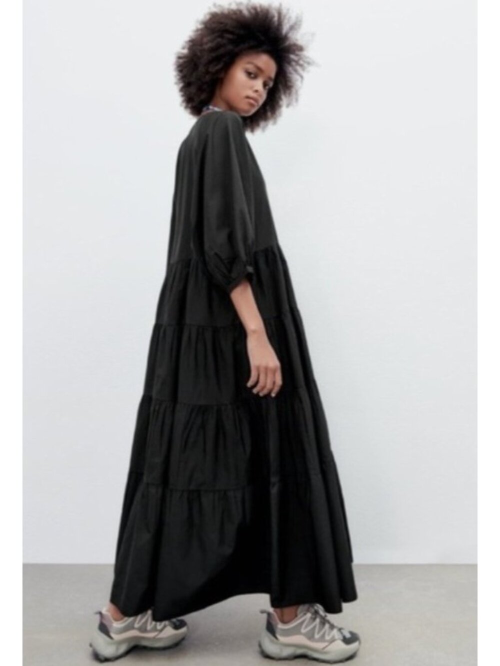ZARA Black Tiered Maxi Dress Womens L US L Cotton Blend Puff Sleeve V Neck Boho